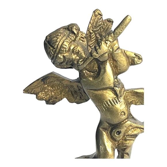VTG Solid Brass CHERUB FIGURINE 6" Angel Plays Flute Paradigm Pedestal Boy Child - Picture 2 of 5